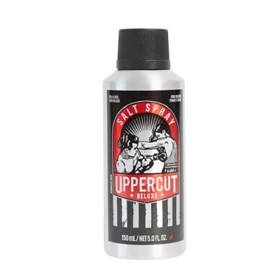 Spray de sal Uppercut Deluxe com rótulo preto, branco e vermelho e imagem de boxeadores.