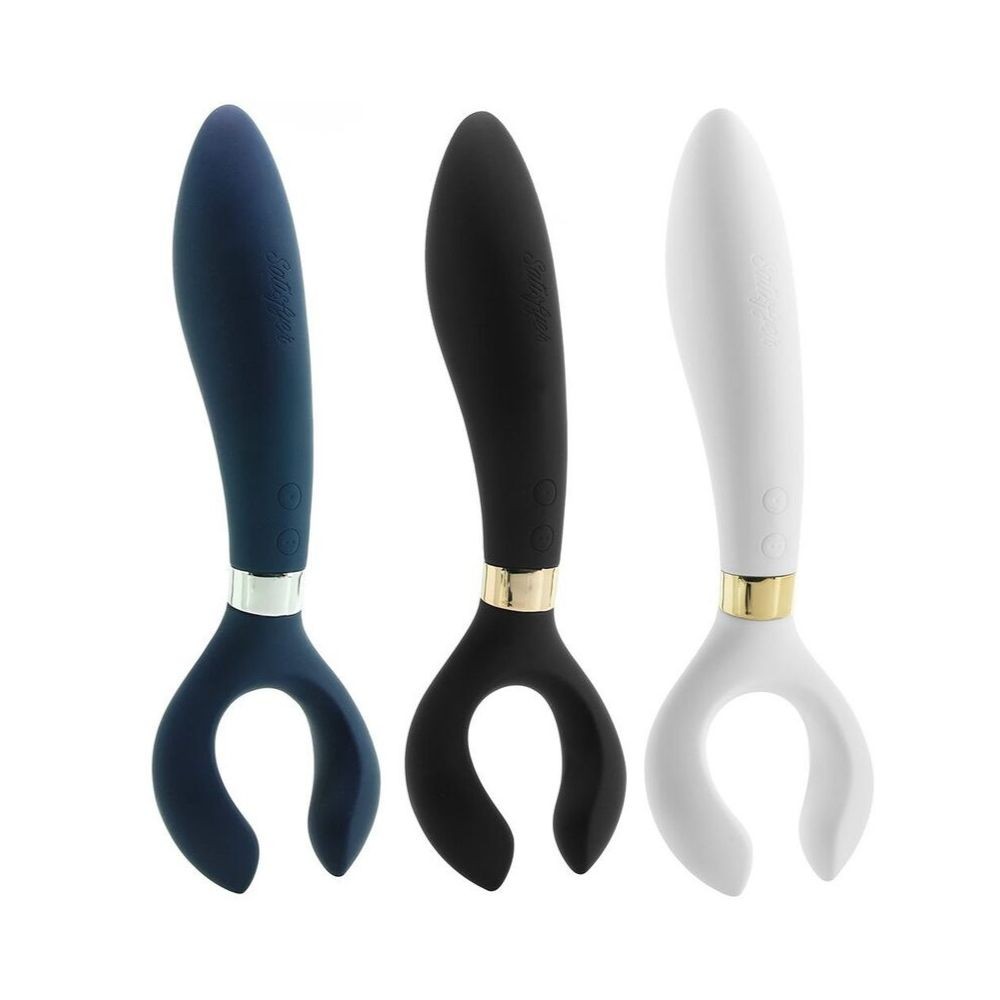 Três vibradores em silicone azul, preto e branco com detalhes dourados