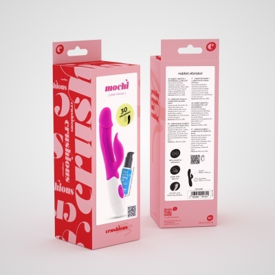 Embalagem de vibrador 'mochi' em tons rosa e vermelho, com imagem do produto roxo e detalhes em branco