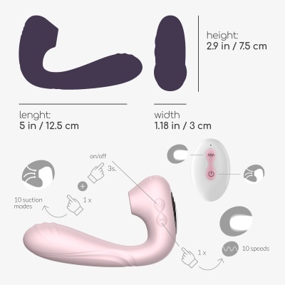 Dispositivo sexual cor-de-rosa com controle remoto branco e instruções de uso