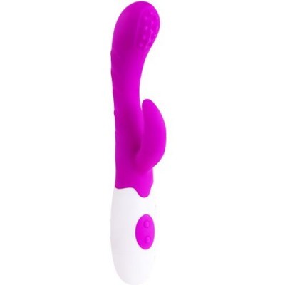Vibrador roxo de silicone com base branca e botões roxos