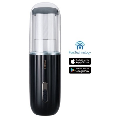 Dispositivo portátil preto com tampa transparente e ícones de app