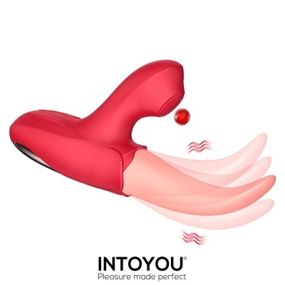 Dispositivo vibratório vermelho com botão e ondas indicando vibração