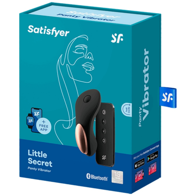 Embalagem azul do vibrador Satisfyer Little Secret com imagem do produto preto e dourado e texto de funcionalidades