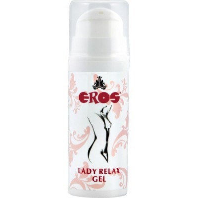 Frasco branco de gel Eros Lady Relax com tampa transparente e design feminino estilizado