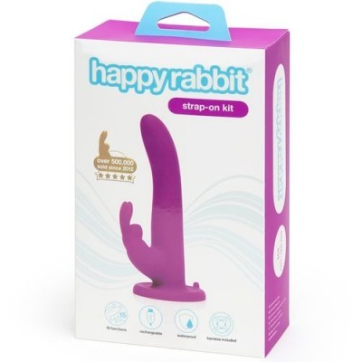 Embalagem de kit strap-on Happyrabbit em branco e roxo com informações do produto