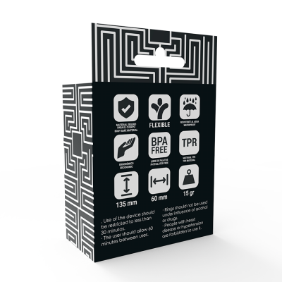 Embalagem preta com texto e ícones brancos de características e instruções do produto