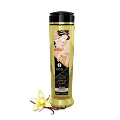 Frasco de óleo de massagem Shunga com aroma de baunilha e flor de baunilha ao lado