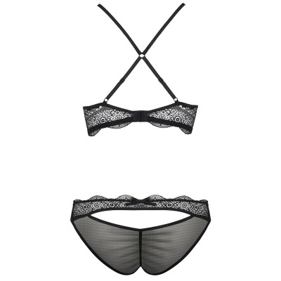 Conjunto de lingerie feminino preto com renda e tecido transparente.