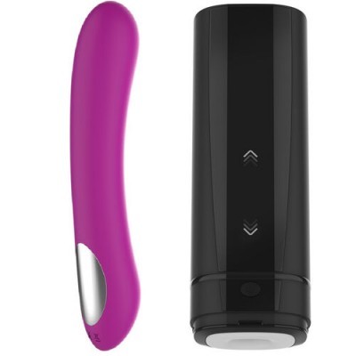 Vibrador roxo com detalhe prateado e dispositivo preto com botões de setas
