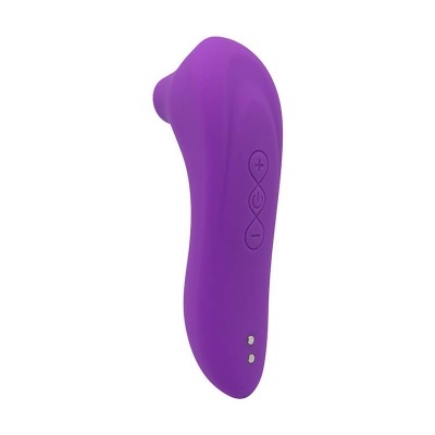 Vibrador roxo em silicone com botões laterais e contactos metálicos