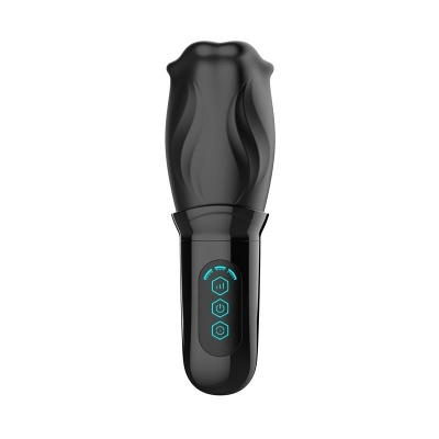 Dispositivo preto com textura ondulada e controlo táctil azul