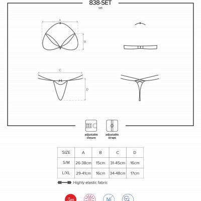 Desenho técnico de lingerie ajustável 838-SET com especificações de tamanho e tecido elástico.