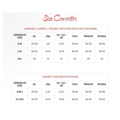 Tabela de conversão de tamanhos para roupas Obsessive com colunas para diferentes países e tipos de roupa.