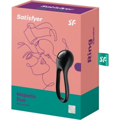 Embalagem do vibrador de anel Satisfyer Majestic Duo preto em caixa rosa e verde