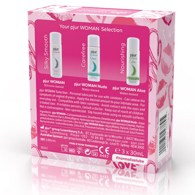 Caixa de lubrificantes pjur WOMAN Selection com três frascos e texto descritivo