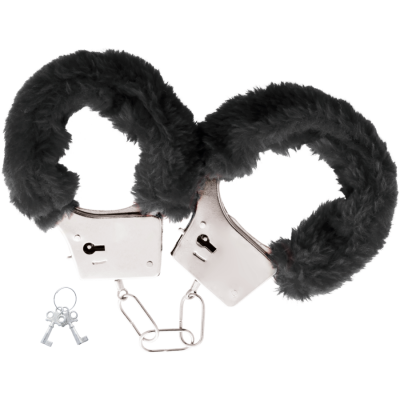 Algemas metálicas prateadas com forro de pelúcia preta e pequenas chaves prateadas