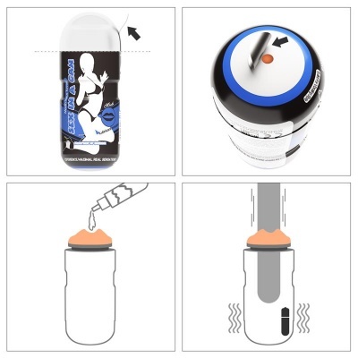 Aparelho de massagem portátil branco e preto com detalhes azuis e líquido laranja