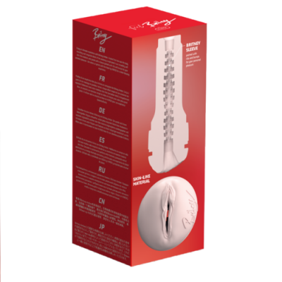 Embalagem vermelha de produto adulto com texto multilíngue e imagem do produto transparente