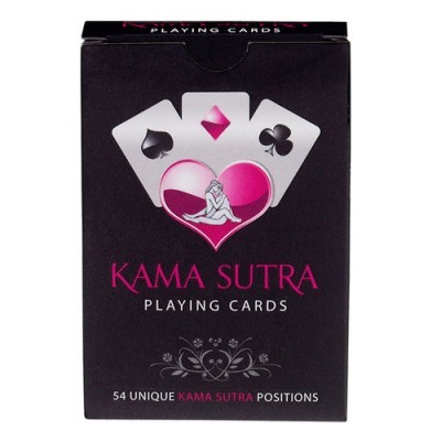 Caixa preta de baralho KAMA SUTRA com símbolos de cartas e texto em rosa e branco