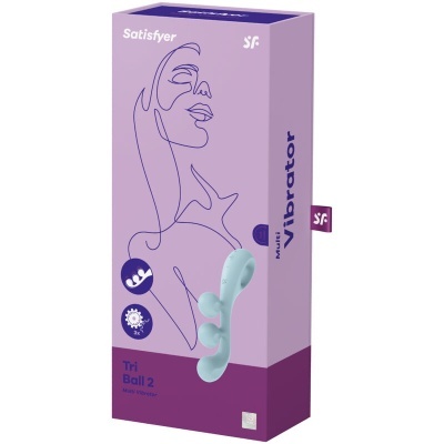 Embalagem de vibrador masculino Satisfyer Tri Ball 2 lilás e roxo com desenho de rosto e vibrador azul claro
