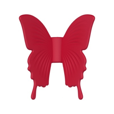 Produto vermelho em forma de borboleta com textura nas asas.