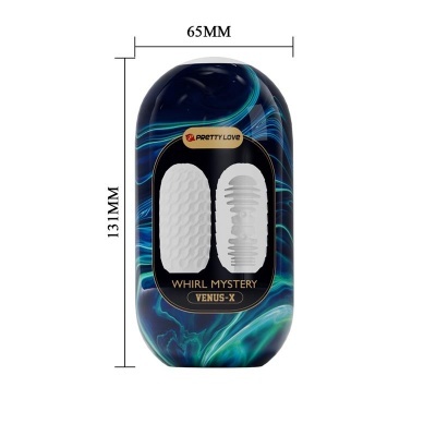 Embalagem do WHIRL MYSTERY VENUS-X da PRETTY LOVE com 65mm x 131mm e padrão azul e verde