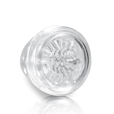 Acessório redondo transparente com textura interna sobre fundo branco