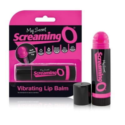 Bálsamo labial vibratório preto e rosa My Secret Screaming O em embalagem e tubo com tampa preta