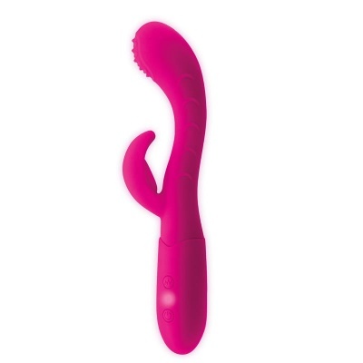 Vibrador cor-de-rosa em silicone com duas extremidades e botões de controlo