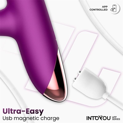 Dispositivo roxo com cabo USB magnético e texto promocional.