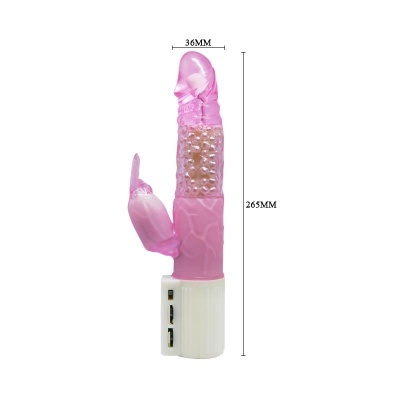 Vibrador rosa translúcido com estimulador adicional e base branca com medidas.