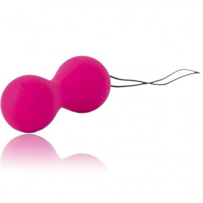 Duas bolas rosas ligadas por cabo negro sobre fundo branco