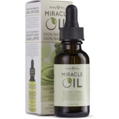Frasco de óleo Miracle Oil com conta-gotas preto ao lado da embalagem