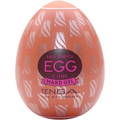 Ovo cor-de-rosa com padrão branco e texto EASY STRETCH EGG CONE HARD GEL TENGA.
