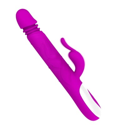 Vibrador roxo em silicone com estimulador de coelho e base branca