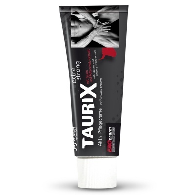 Tubo de creme preto TAURIX extra strong com tampa branca e texto em branco e vermelho