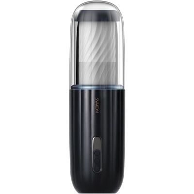 Dispositivo cilíndrico preto com tampa transparente e interior branco ondulado