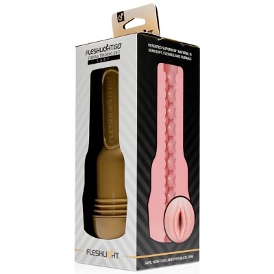 Embalagem do produto Fleshlight Go com textura interna visível rosa