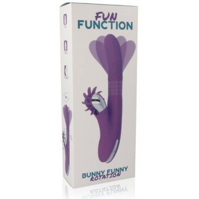 Embalagem branca com vibrador roxo em silicone e texto FUN FUNCTION e BUNNY FUNNY ROTATION.