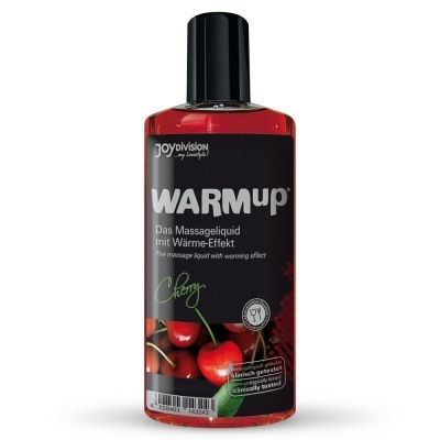 Frasco de plástico com líquido vermelho e rótulo preto com cerejas