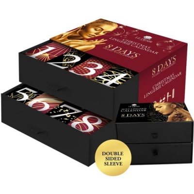 Caixa preta e vermelha com etiquetas numeradas e texto Christmas Lingerie Calendar 8 Days