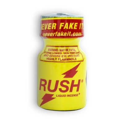Frasco amarelo RUSH LIQUID INCENSE com tampa prateada e rótulos vermelhos com avisos de segurança