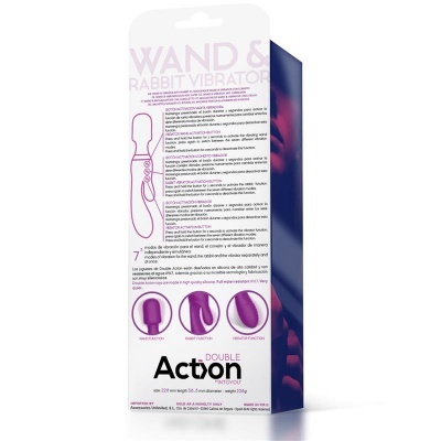 Embalagem branca e azul de vibrador Double Action com ilustração e texto em rosa
