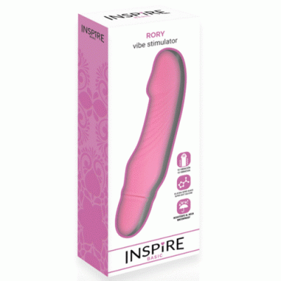 Embalagem de vibrador rosa da marca INSPIRE BASIC com texto e ícones informativos