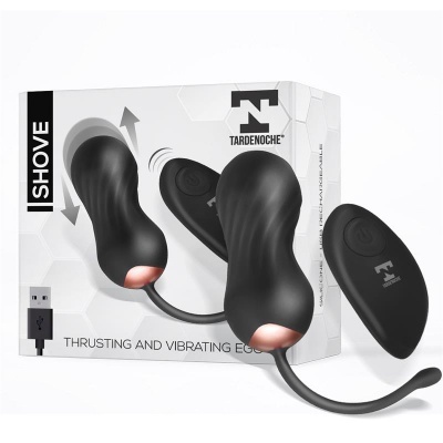 Produto sexual vibratório preto com comando remoto e embalagem branca