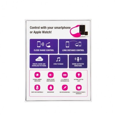 Embalagem branca com texto e ícones em roxo indicando controle por smartphone ou Apple Watch