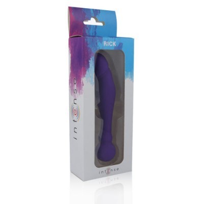 Vibrador roxo em embalagem branca com detalhes azuis e roxos