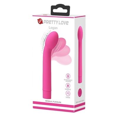 Embalagem de vibrador rosa Pretty Love Logan com descrição das funcionalidades.