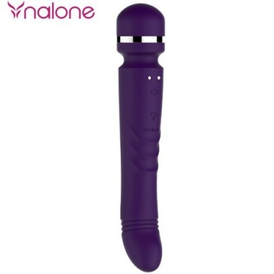 Vibrador roxo em silicone com botões de controlo e detalhe prateado
